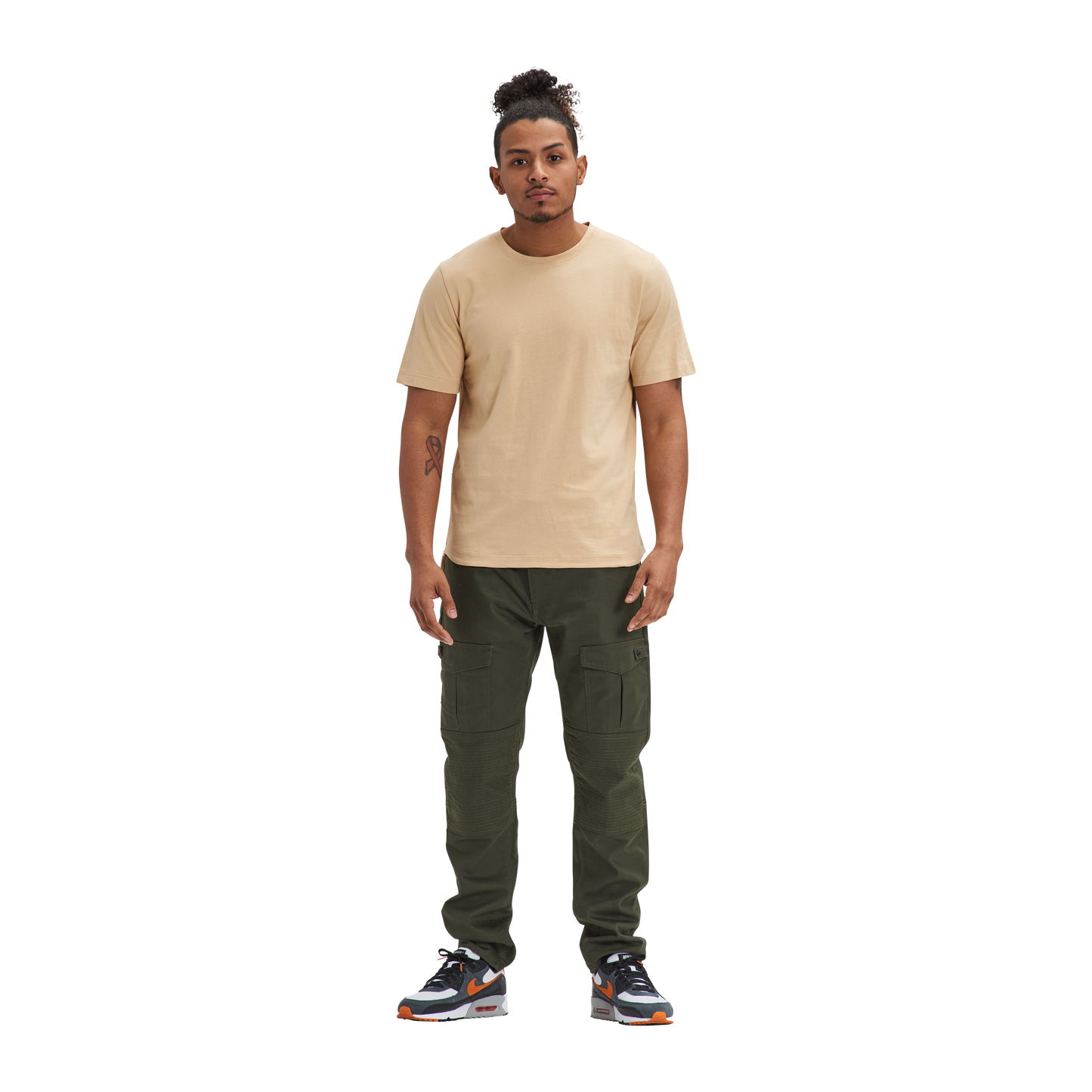 A man wearing a Kulture MIA Drop Cut Tee (3) PK White / Sand / Mint and cargo pants.