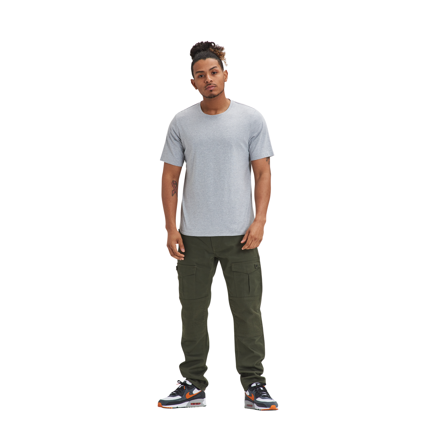 A man wearing a Kulture MIA Drop Cut Tee (3) PK Black / Charcoal / Heather and cargo pants.