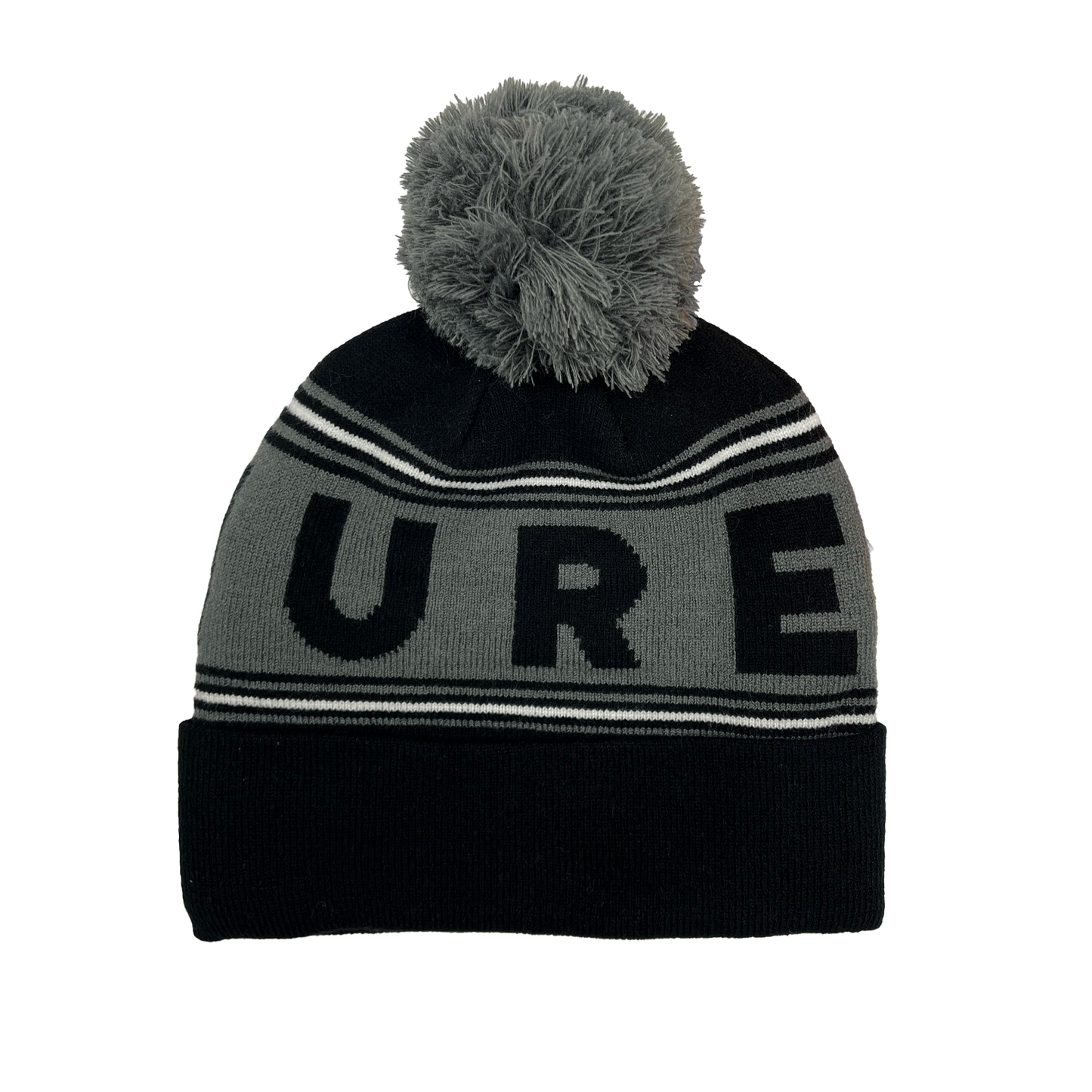 A black and gray Knit Pom Beanie with the word pure on it, made by Kulture.
