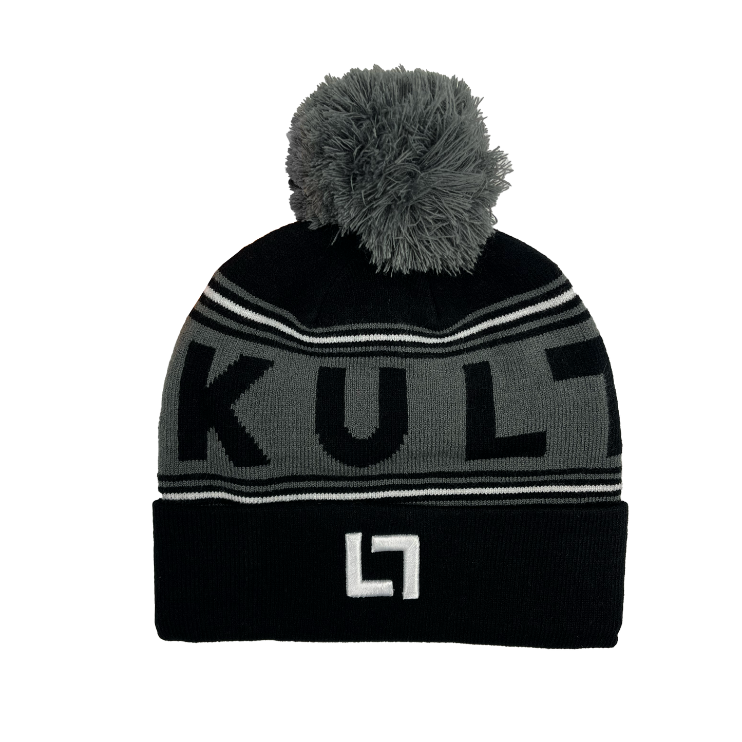 A Knit Pom Beanie with the word Kulture on it.