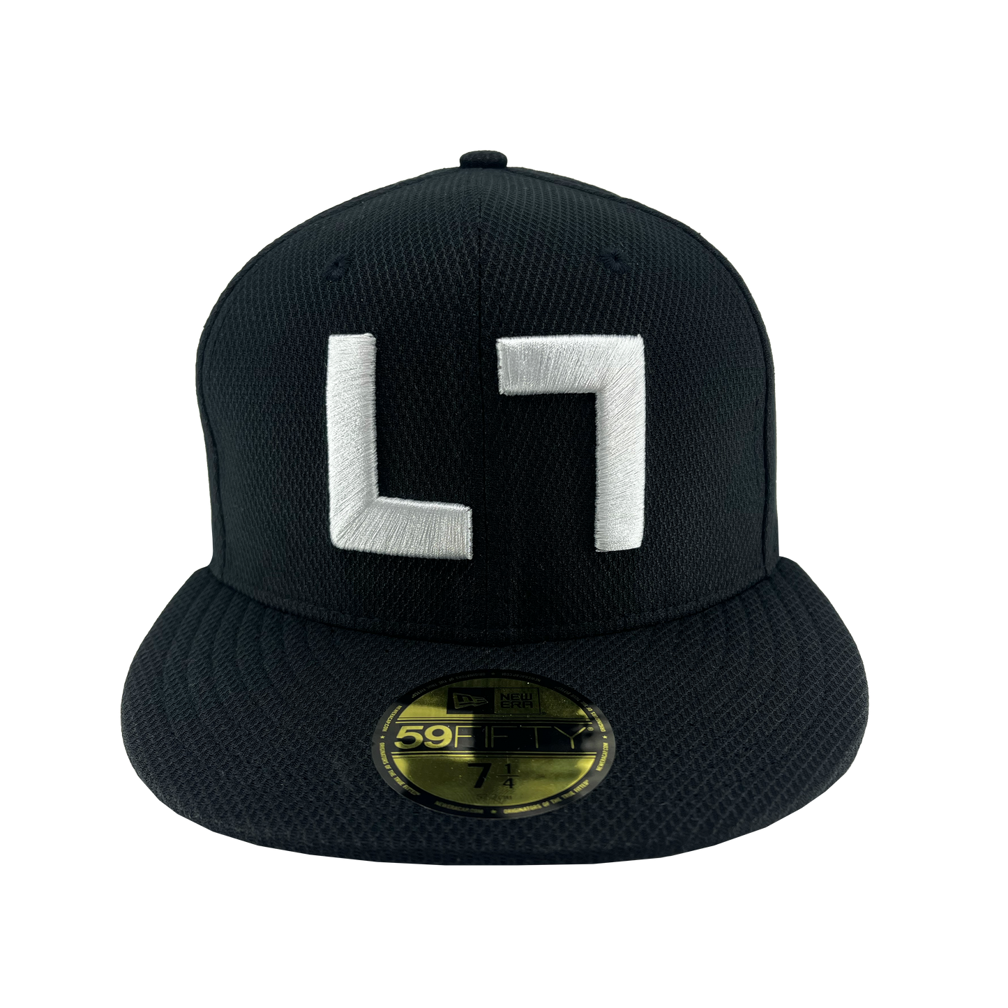 A black Authentic Kollection 59FIFTY Fitted cap from Kulture with white "L7" embroidery and a "59FIFTY" sticker on the brim, sized 7 1/8, ideal for any Kollection.