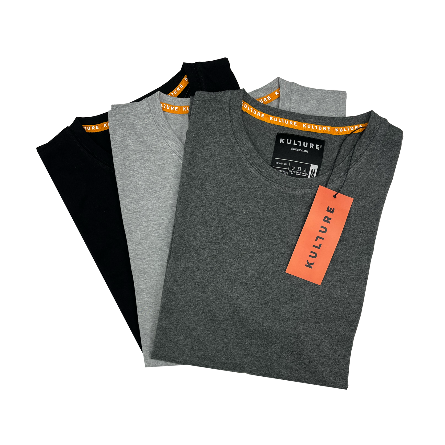 Three Kulture MIA Drop Cut Tee (3) PK Black / Charcoal / Heather with orange tags.