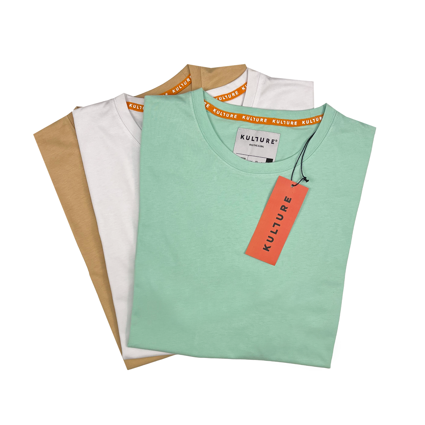 Three MIA Drop Cut Tee (3) PK White / Sand / Mint t-shirts with a tag on them. Brand: Kulture