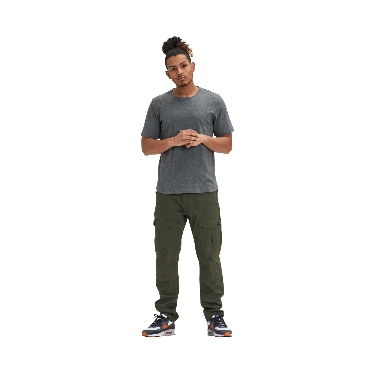 A man standing in front of a white background wearing a Kulture MIA Drop Cut Tee (3) PK Black / Charcoal / Heather and jogging pants.
