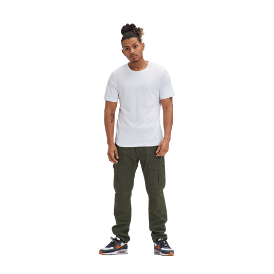 A man wearing a MIA Drop Cut Tee (3) PK White / Sand / Mint by Kulture and green cargo pants.