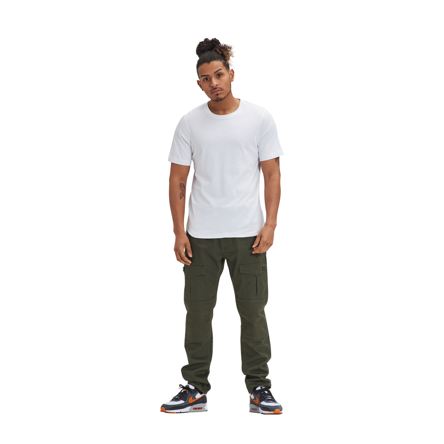 A man wearing a MIA Drop Cut Tee (3) PK White / Sand / Mint by Kulture and green cargo pants.