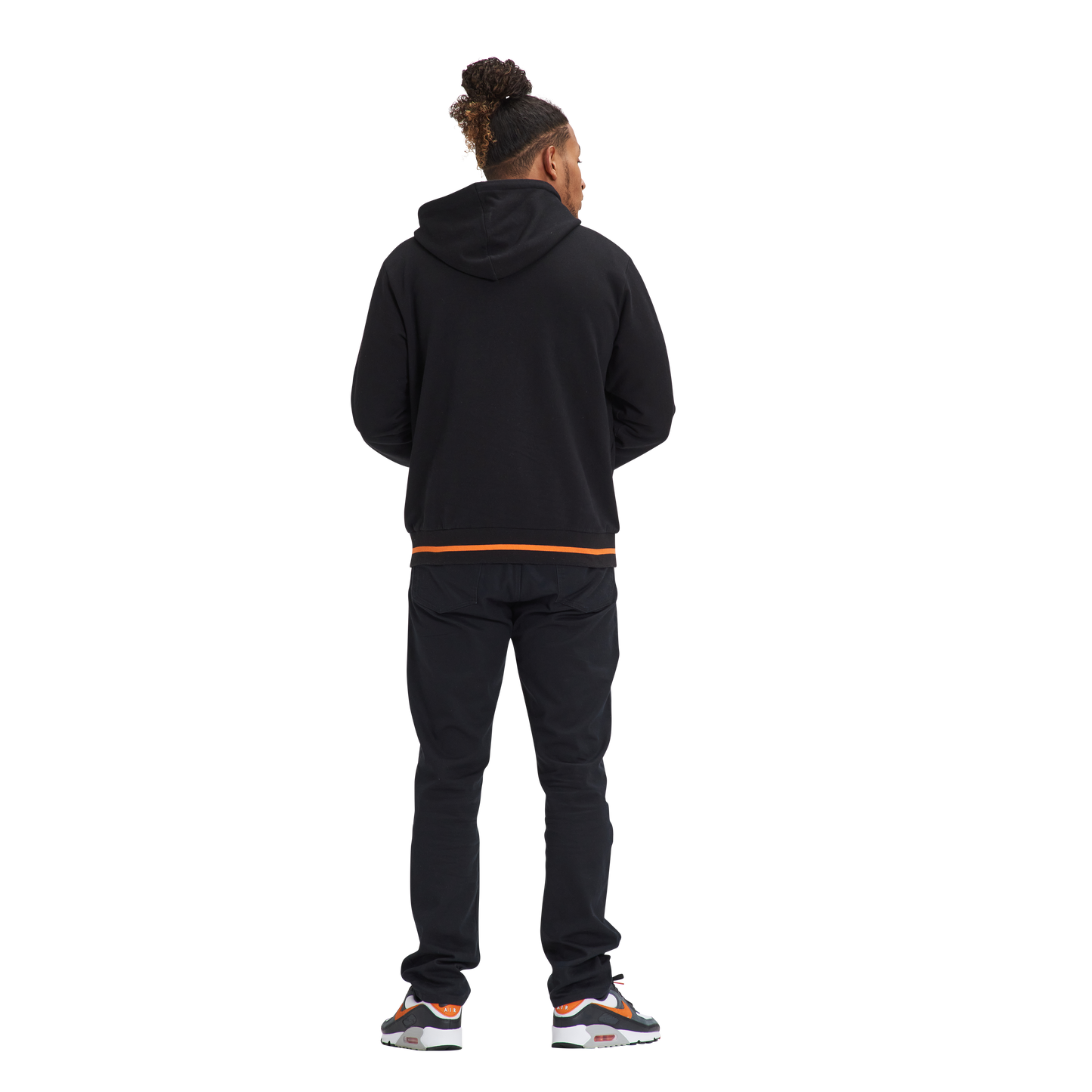 A man wearing a Kulture SFO V1 Full-Zip Hoodie and black pants.