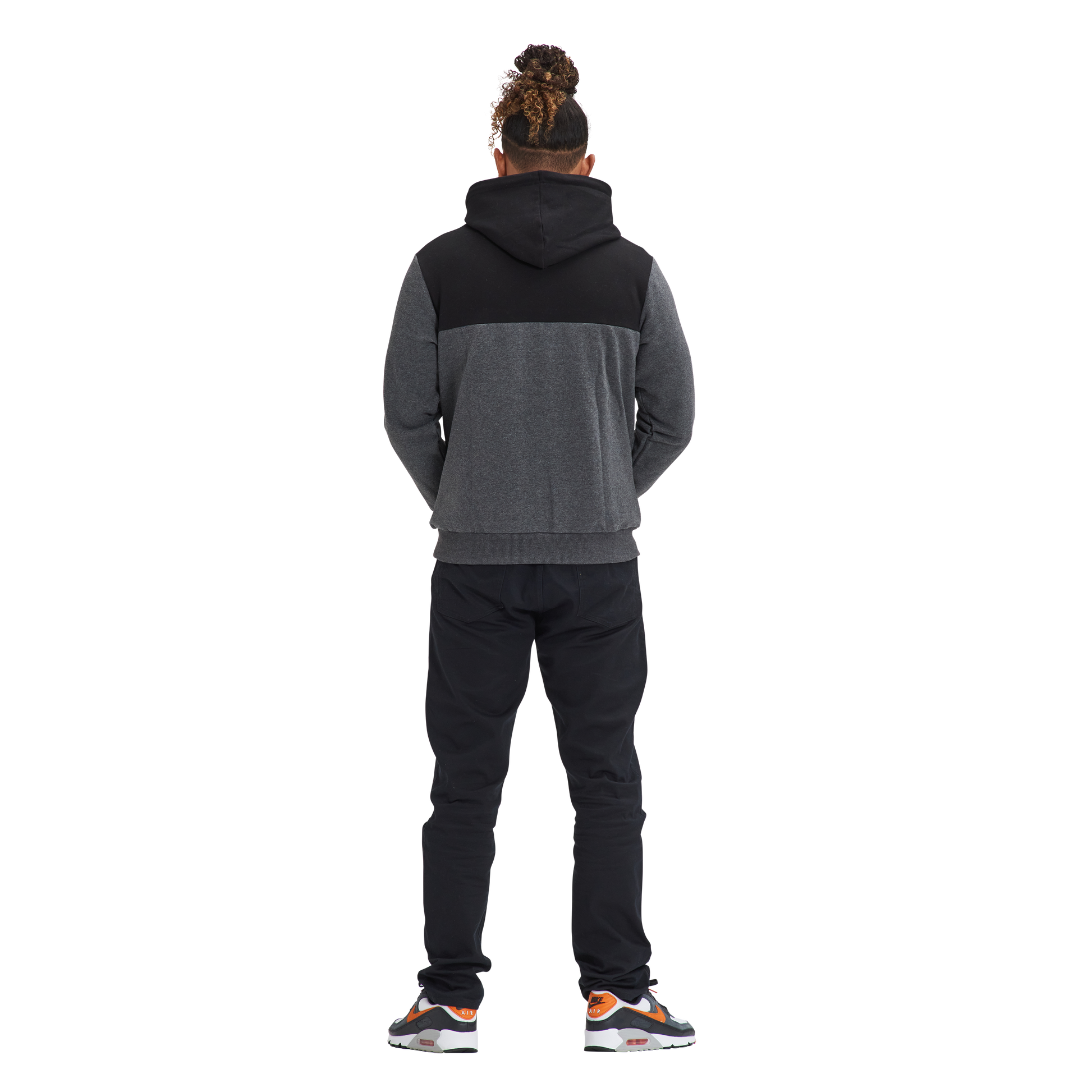 A man in a Kulture OAK V1 Fleece Hoodie, with gray and black color scheme.