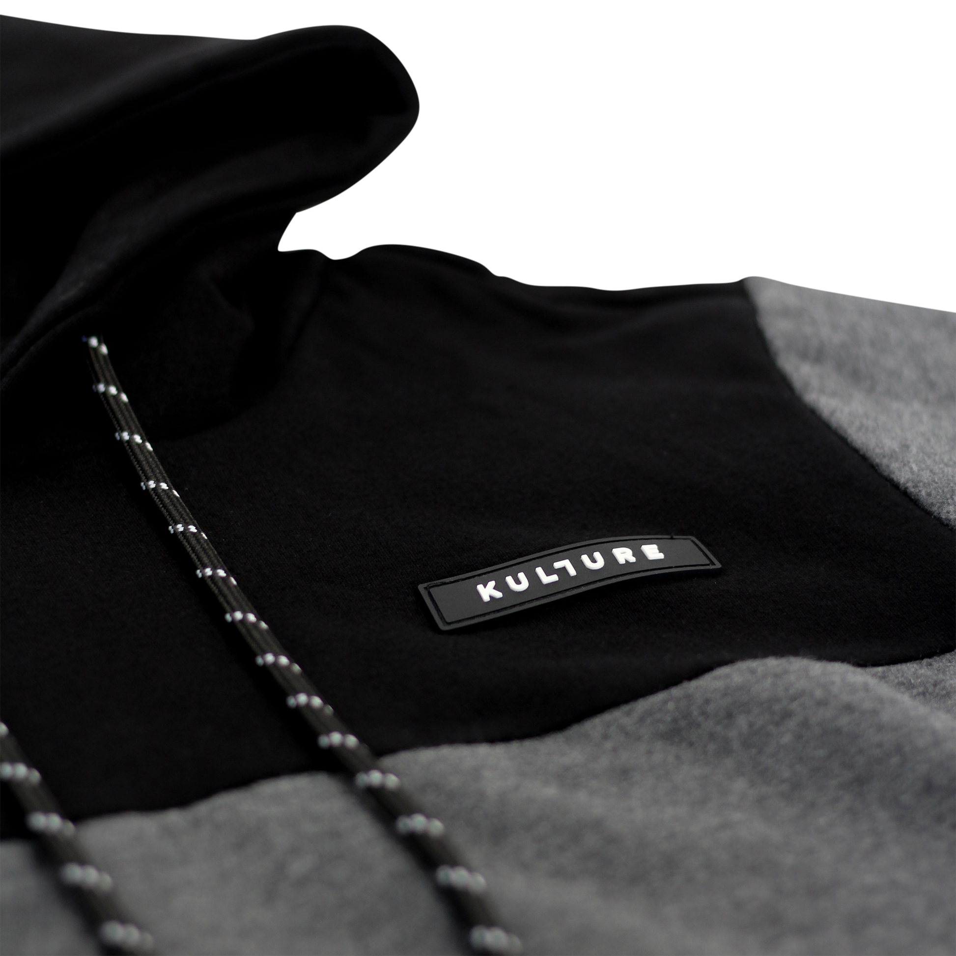 A close up of a Kulture OAK V1 Fleece Hoodie in black and grey.