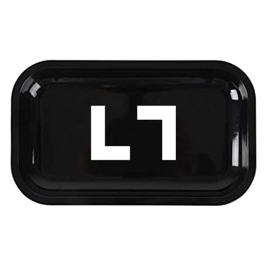The KULTURE "LT" Smokers Rolling Tray by Kulture, Inc. is a black rectangular tray featuring two white mirrored right-angle shapes in the center, inspired by the Kulture Logo.